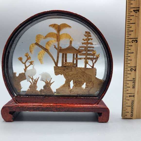 Vtg Chinese Hand Carved Cork Diorama Cranes Black Lacquer Art Stand 4" x 3.75" - Picture 16 of 16